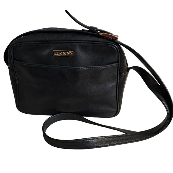 DKNY Black Leather Crossbody Handbag Purse 8x8x3 with Adjustable Strap - Picture 1 of 6